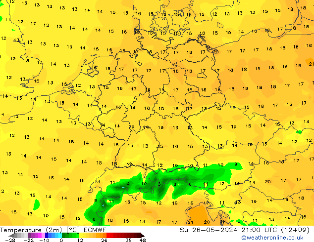 Temperature (2m) ECMWF Ne 26.05.2024 21 UTC