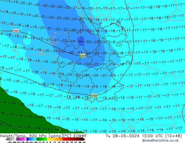 Height/Temp. 500 hPa ECMWF Di 28.05.2024 12 UTC