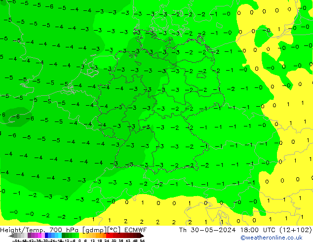 Hoogte/Temp. 700 hPa ECMWF do 30.05.2024 18 UTC