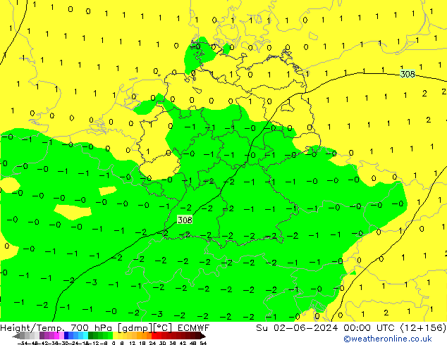 Height/Temp. 700 hPa ECMWF nie. 02.06.2024 00 UTC