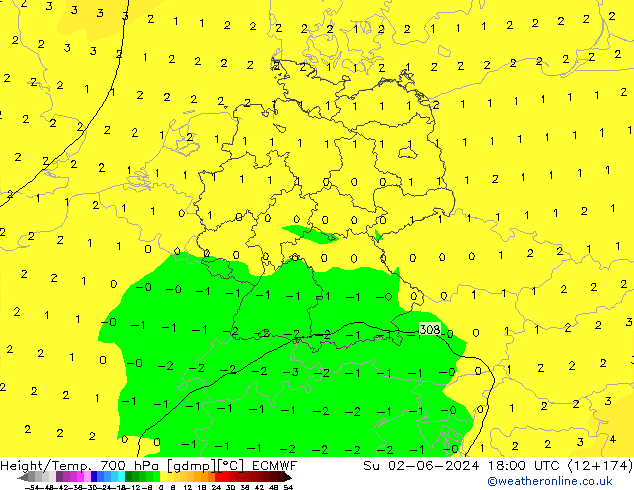 Height/Temp. 700 hPa ECMWF dom 02.06.2024 18 UTC