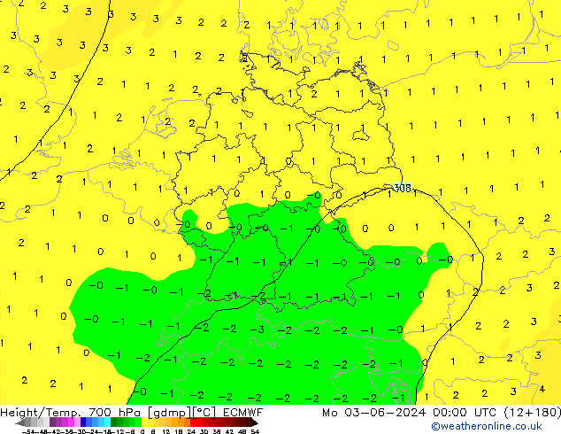 Geop./Temp. 700 hPa ECMWF lun 03.06.2024 00 UTC