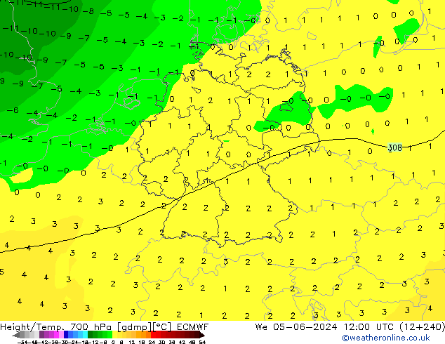 Height/Temp. 700 hPa ECMWF śro. 05.06.2024 12 UTC