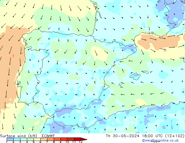 Surface wind (bft) ECMWF Th 30.05.2024 18 UTC