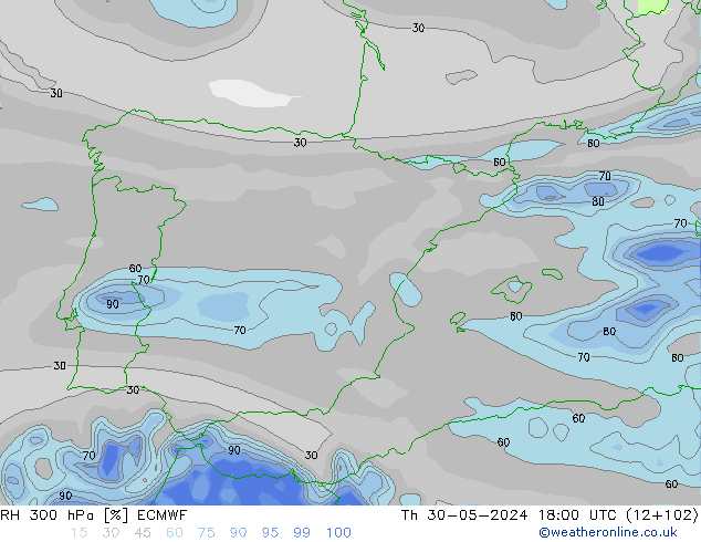 Humedad rel. 300hPa ECMWF jue 30.05.2024 18 UTC