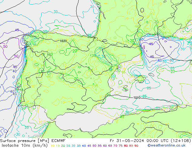 Isotachs (kph) ECMWF  31.05.2024 00 UTC