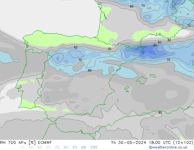 RH 700 hPa ECMWF Th 30.05.2024 18 UTC