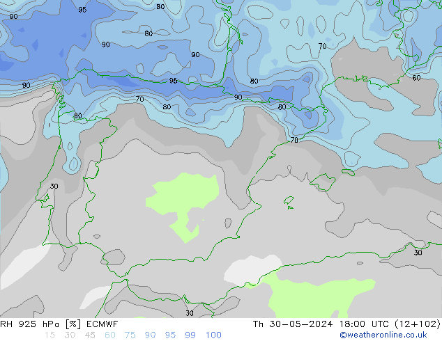 RH 925 hPa ECMWF gio 30.05.2024 18 UTC