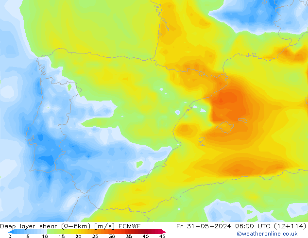 Deep layer shear (0-6km) ECMWF Fr 31.05.2024 06 UTC