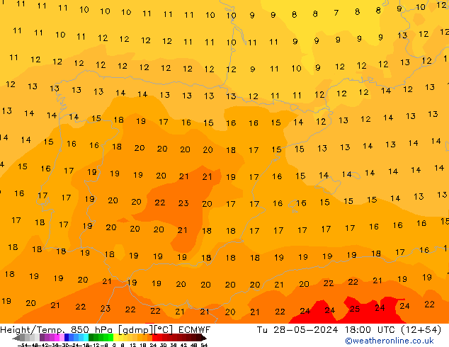 Height/Temp. 850 hPa ECMWF Út 28.05.2024 18 UTC