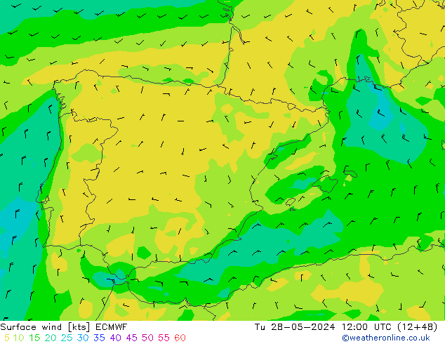 wiatr 10 m ECMWF wto. 28.05.2024 12 UTC