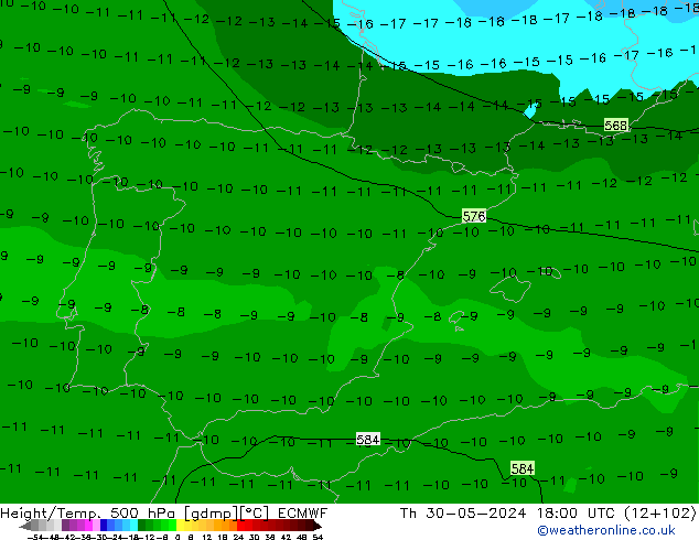 Z500/Rain (+SLP)/Z850 ECMWF Th 30.05.2024 18 UTC