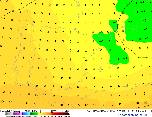 Height/Temp. 700 hPa ECMWF Su 02.06.2024 12 UTC