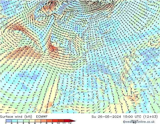 Surface wind (bft) ECMWF Su 26.05.2024 15 UTC