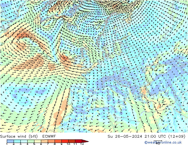 Bodenwind (bft) ECMWF So 26.05.2024 21 UTC