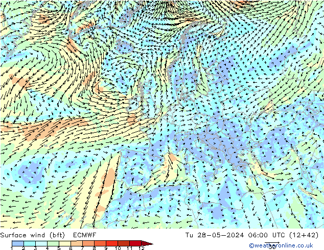 Bodenwind (bft) ECMWF Di 28.05.2024 06 UTC