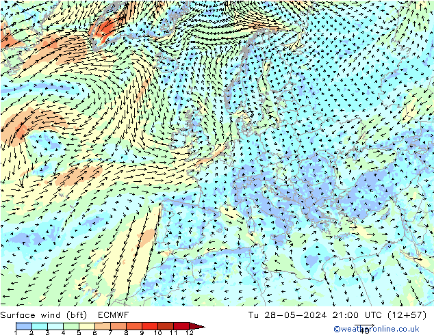 Vento 10 m (bft) ECMWF mar 28.05.2024 21 UTC