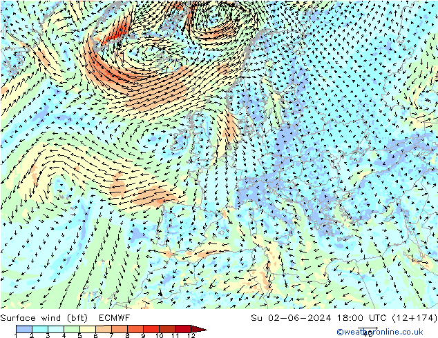 ве�Bе�@ 10 m (bft) ECMWF Вс 02.06.2024 18 UTC