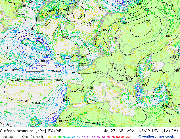 Isotachs (kph) ECMWF  27.05.2024 06 UTC