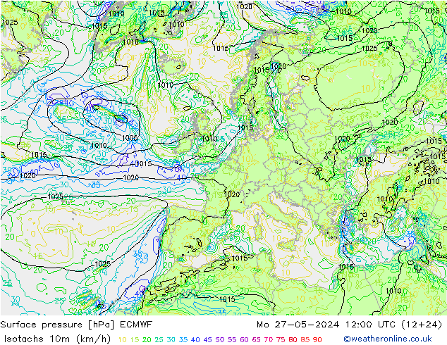 Isotachs (kph) ECMWF пн 27.05.2024 12 UTC