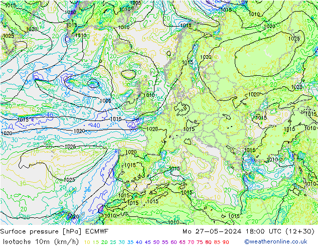 Izotacha (km/godz) ECMWF pon. 27.05.2024 18 UTC