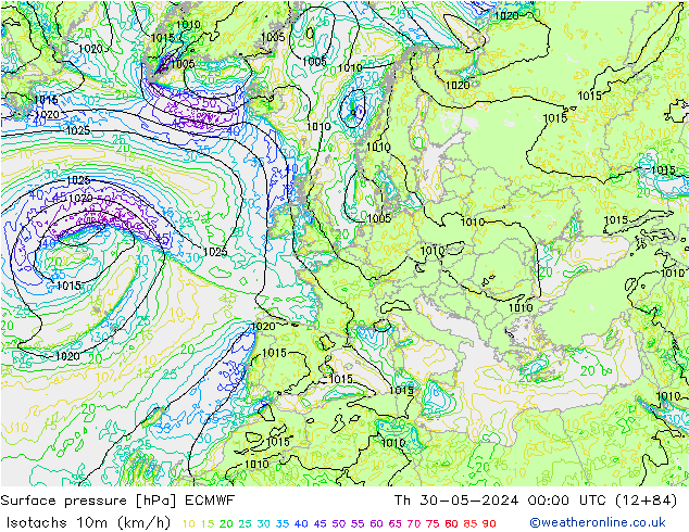 Isotachs (kph) ECMWF Čt 30.05.2024 00 UTC