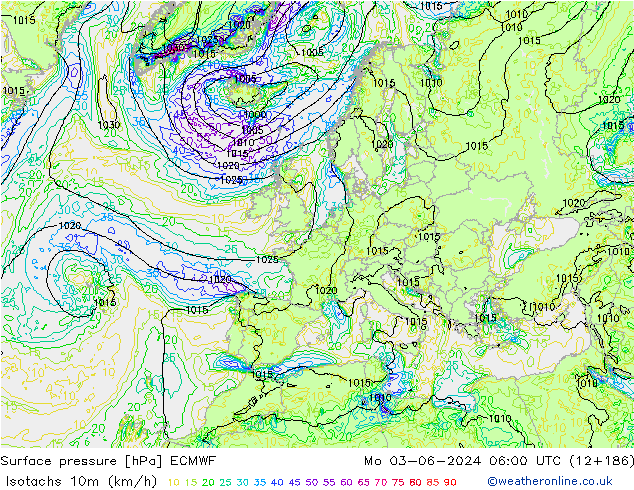 Isotachs (kph) ECMWF Mo 03.06.2024 06 UTC