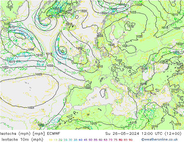 Isotachs (mph) ECMWF  26.05.2024 12 UTC