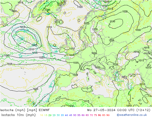 Isotachs (mph) ECMWF пн 27.05.2024 00 UTC