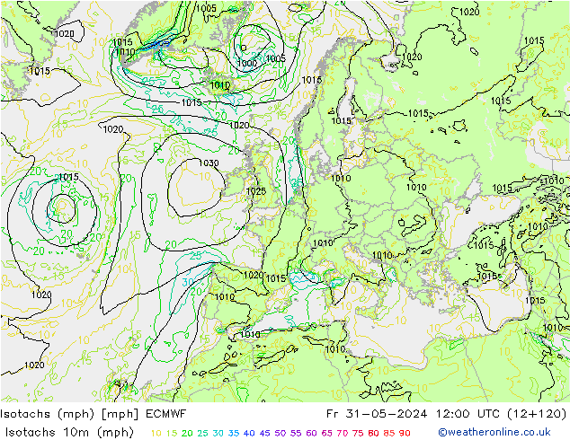 Isotachen (mph) ECMWF vr 31.05.2024 12 UTC