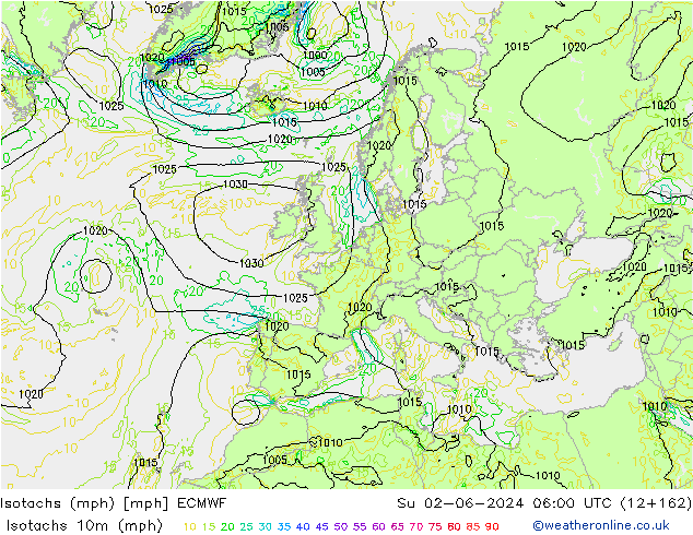 Isotachs (mph) ECMWF Dom 02.06.2024 06 UTC