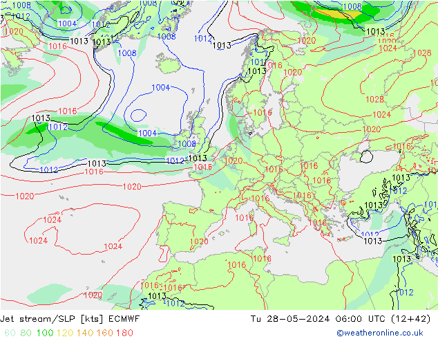 Jet stream/SLP ECMWF Tu 28.05.2024 06 UTC