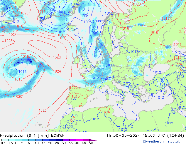 Z500/Rain (+SLP)/Z850 ECMWF Do 30.05.2024 00 UTC