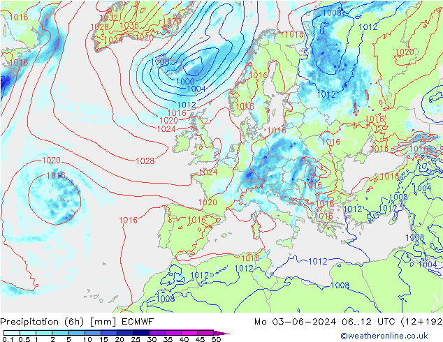 Z500/Rain (+SLP)/Z850 ECMWF Mo 03.06.2024 12 UTC