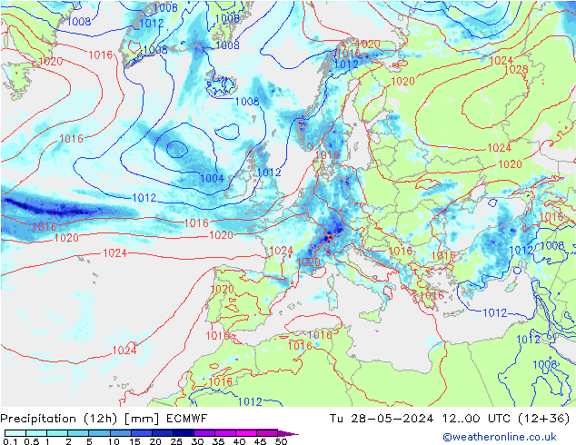 Totale neerslag (12h) ECMWF di 28.05.2024 00 UTC