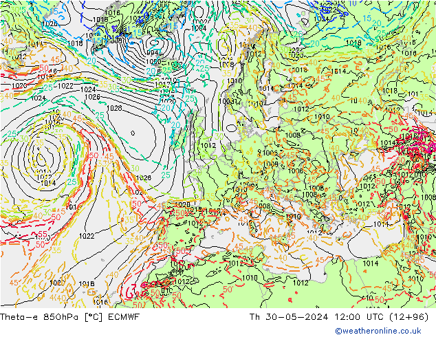 Theta-e 850hPa ECMWF do 30.05.2024 12 UTC