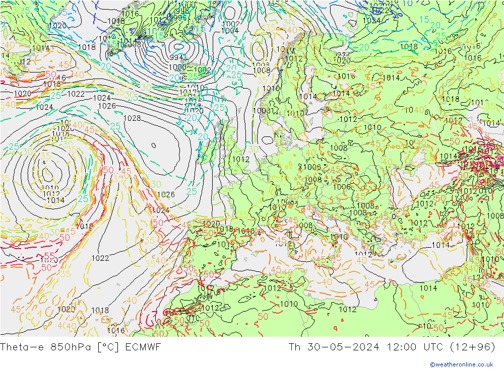 Theta-e 850hPa ECMWF gio 30.05.2024 12 UTC