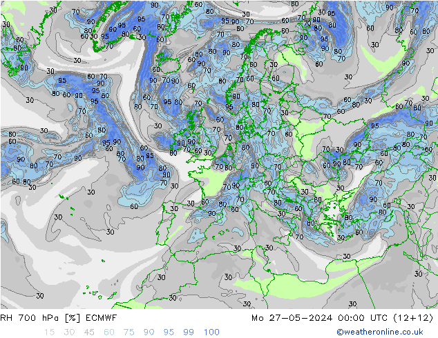 RH 700 hPa ECMWF lun 27.05.2024 00 UTC