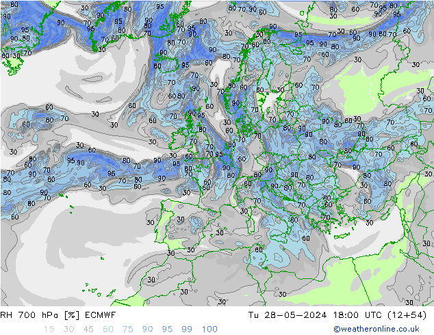 RH 700 hPa ECMWF wto. 28.05.2024 18 UTC