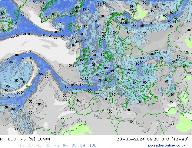 Humidité rel. 850 hPa ECMWF jeu 30.05.2024 06 UTC