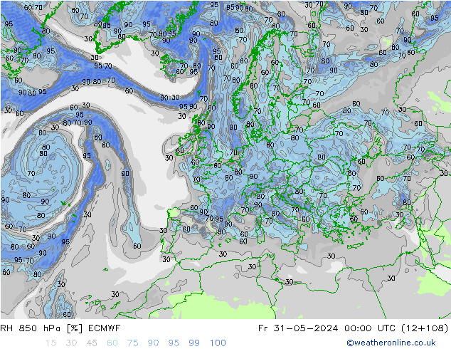 RH 850 hPa ECMWF Pá 31.05.2024 00 UTC