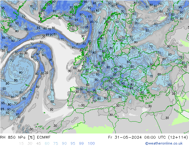 RH 850 hPa ECMWF Sex 31.05.2024 06 UTC