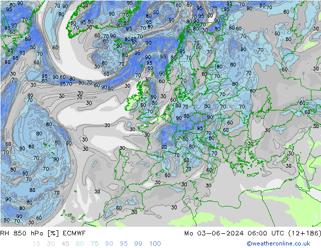 RH 850 hPa ECMWF lun 03.06.2024 06 UTC