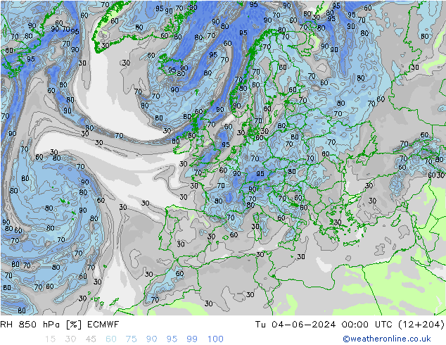 RH 850 hPa ECMWF Tu 04.06.2024 00 UTC