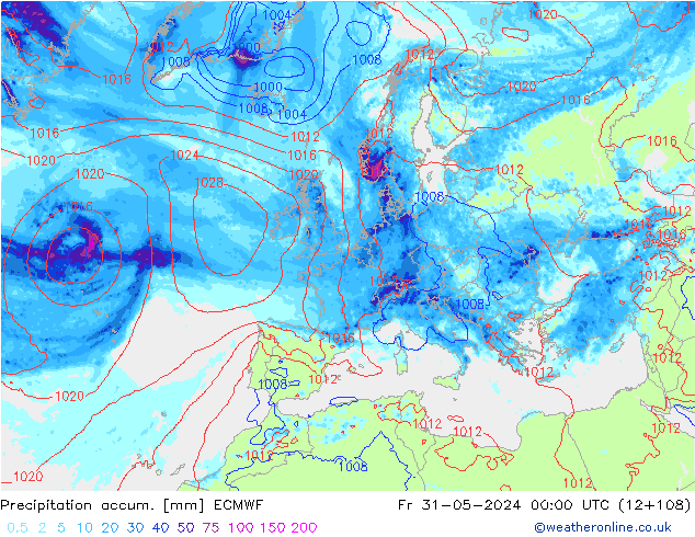 Precipitation accum. ECMWF ven 31.05.2024 00 UTC