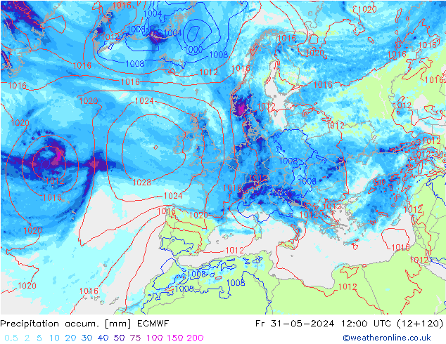 Precipitation accum. ECMWF Fr 31.05.2024 12 UTC