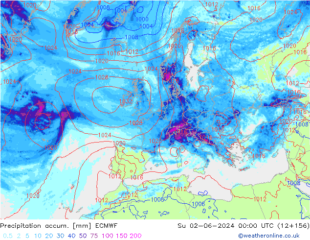 Totale neerslag ECMWF zo 02.06.2024 00 UTC