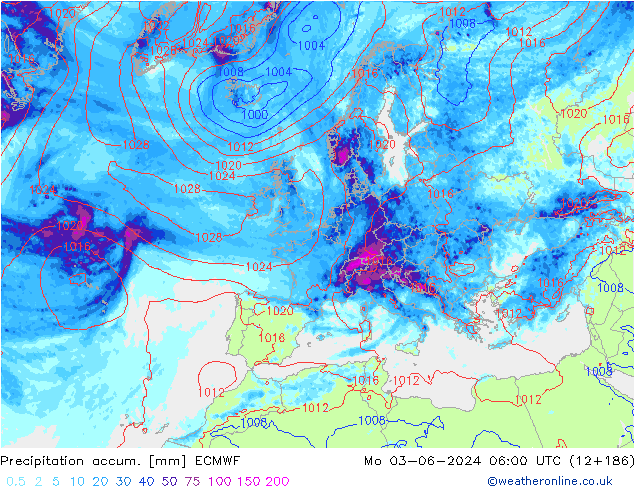 Precipitation accum. ECMWF pon. 03.06.2024 06 UTC