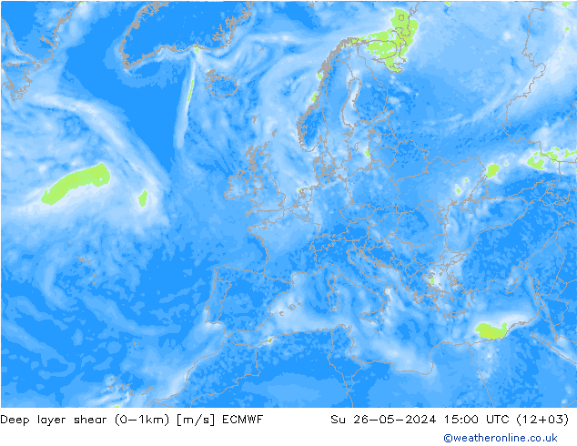 Deep layer shear (0-1km) ECMWF Dom 26.05.2024 15 UTC