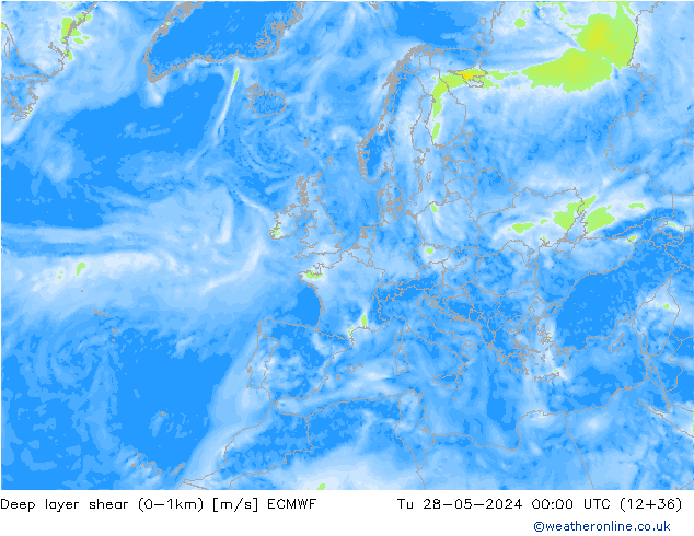 Deep layer shear (0-1km) ECMWF Di 28.05.2024 00 UTC